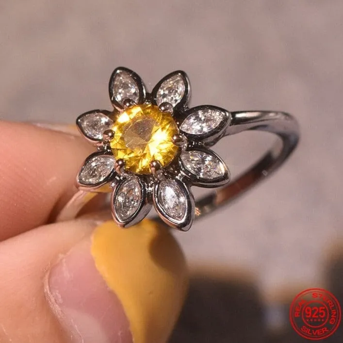 Glamour Yellow Sunflower CZ Citrine Ring - 925 Sterling Silver