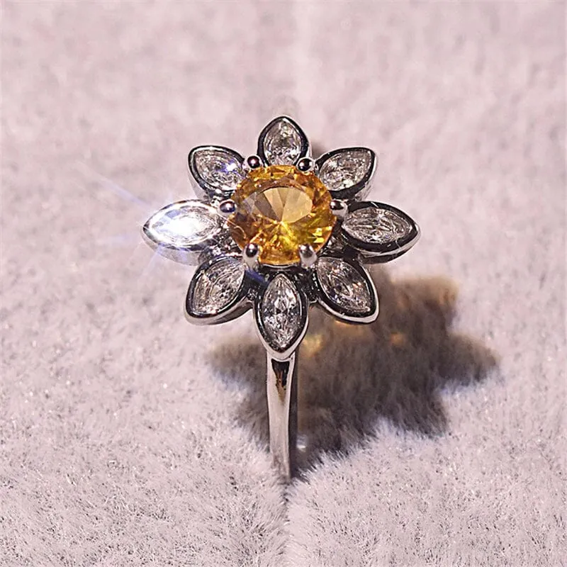 Glamour Yellow Sunflower CZ Citrine Ring - 925 Sterling Silver