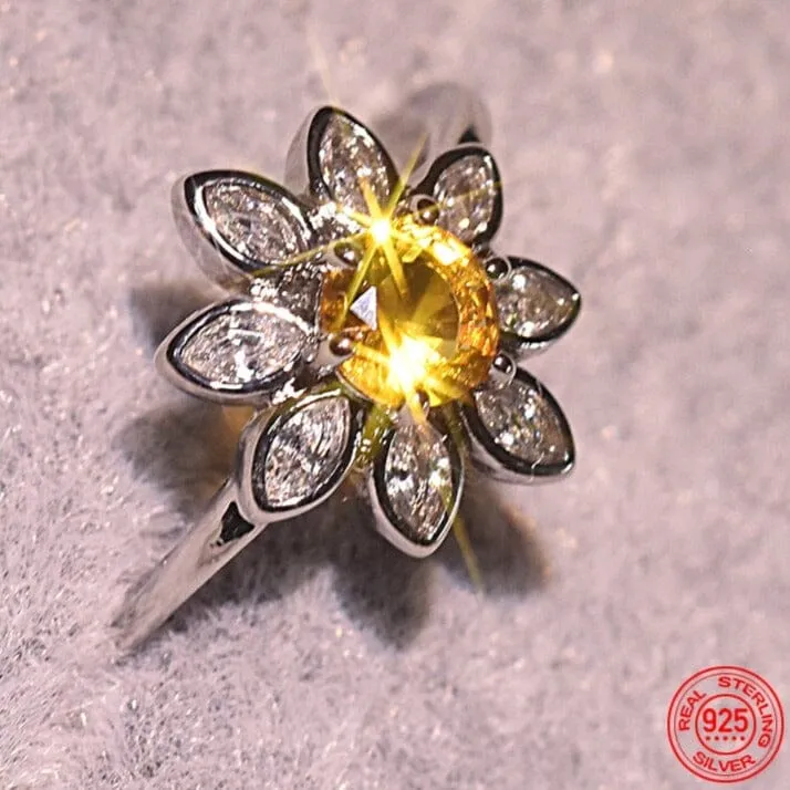 Glamour Yellow Sunflower CZ Citrine Ring - 925 Sterling Silver