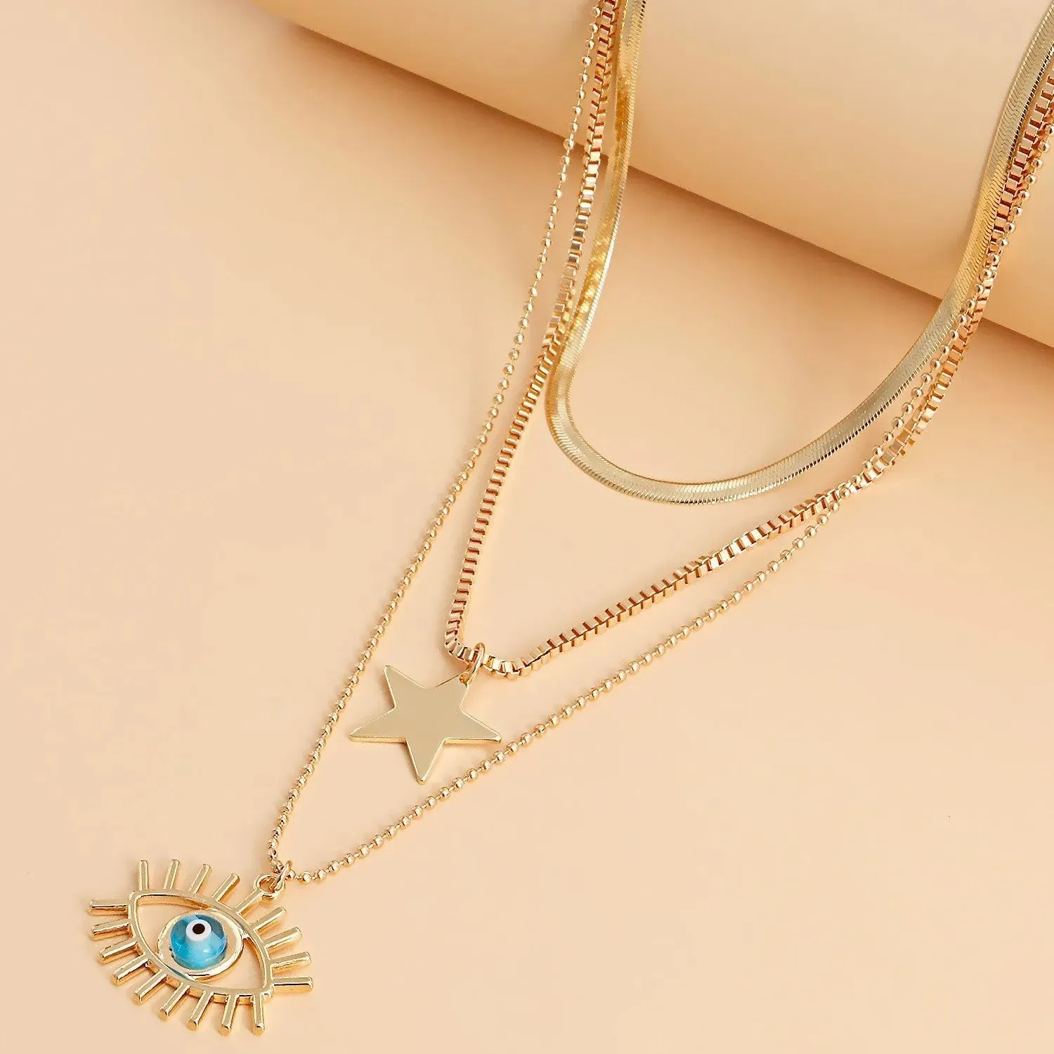 Gold Plated Evil Eye & Star Multilayer Necklace For Women & Girls Alloy Necklace