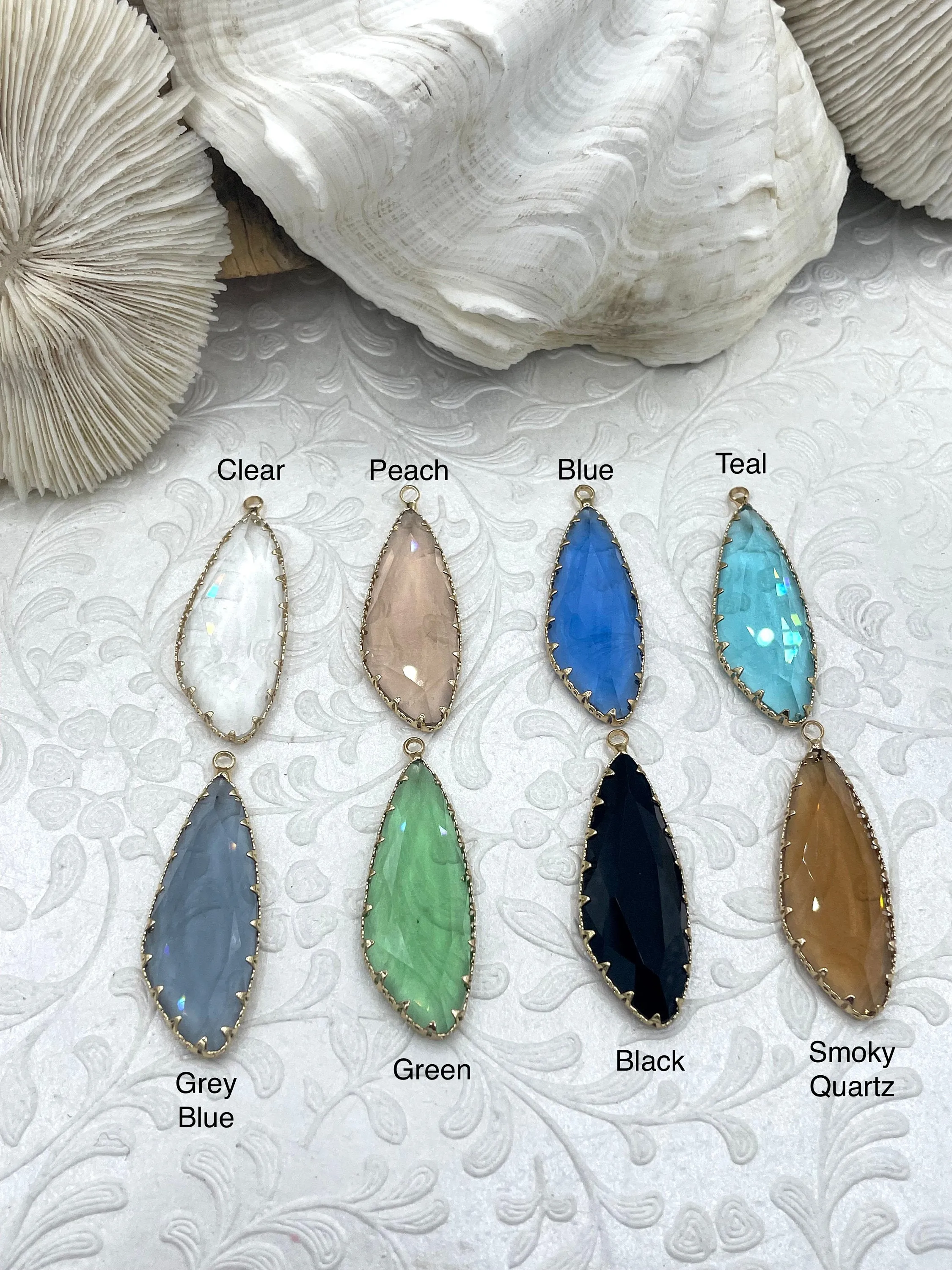 Gold Trimmed Colorful Crystal Drop Gold trimmed Pendants Gold Trimmed Crystal Charms. Colorful Crystal Charms 8 Styles, Fast Ship