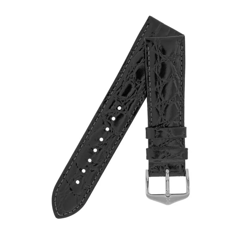 Hirsch CROCOGRAIN Crocodile Embossed Leather Watch Strap in BLACK