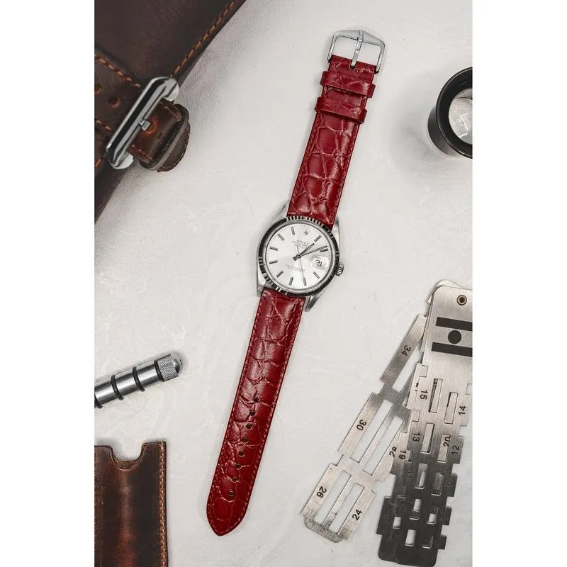 Hirsch CROCOGRAIN Crocodile Embossed Leather Watch Strap in BURGUNDY