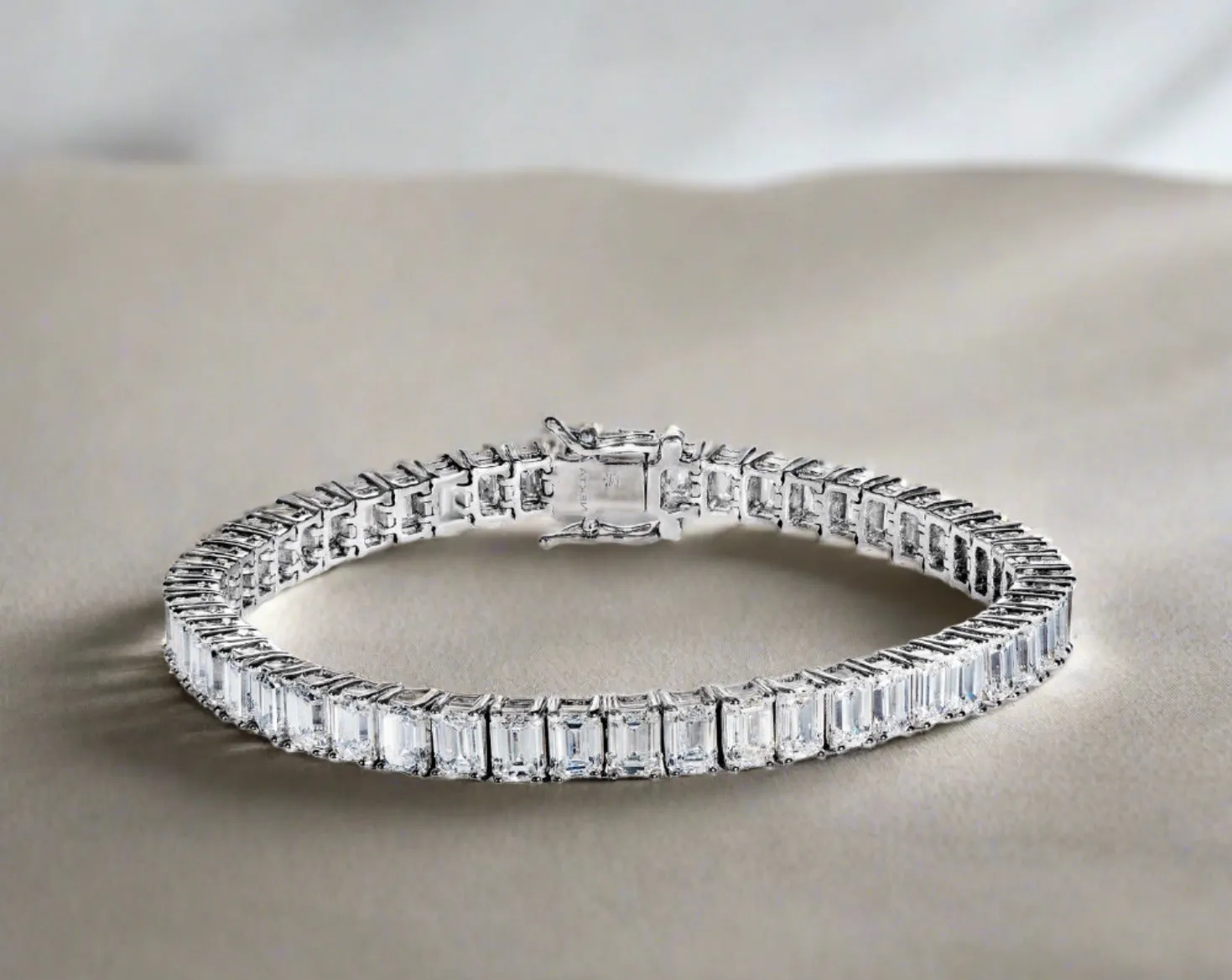 Lake 17 Carat Emerald Cut Single Row Lab Grown Diamond Tennis Bracelet in 14k White Gold