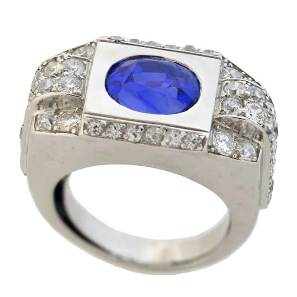 Late Art Deco French Platinum 4.30ct Natural Ceylon Sapphire Diamond Ring