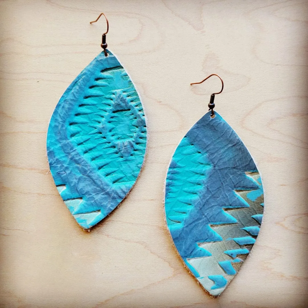 Leather Oval Aztec Cyan Earring