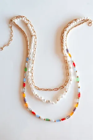 Lily Multicolored Layering Necklace | Colorful Spring Summer Necklaces | Gold Pearl Multicolored Beaded