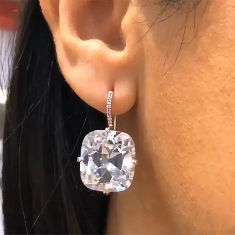 Luxury Jewelry Simple Big Zircon Dangle Earrings for Women in Silver Color