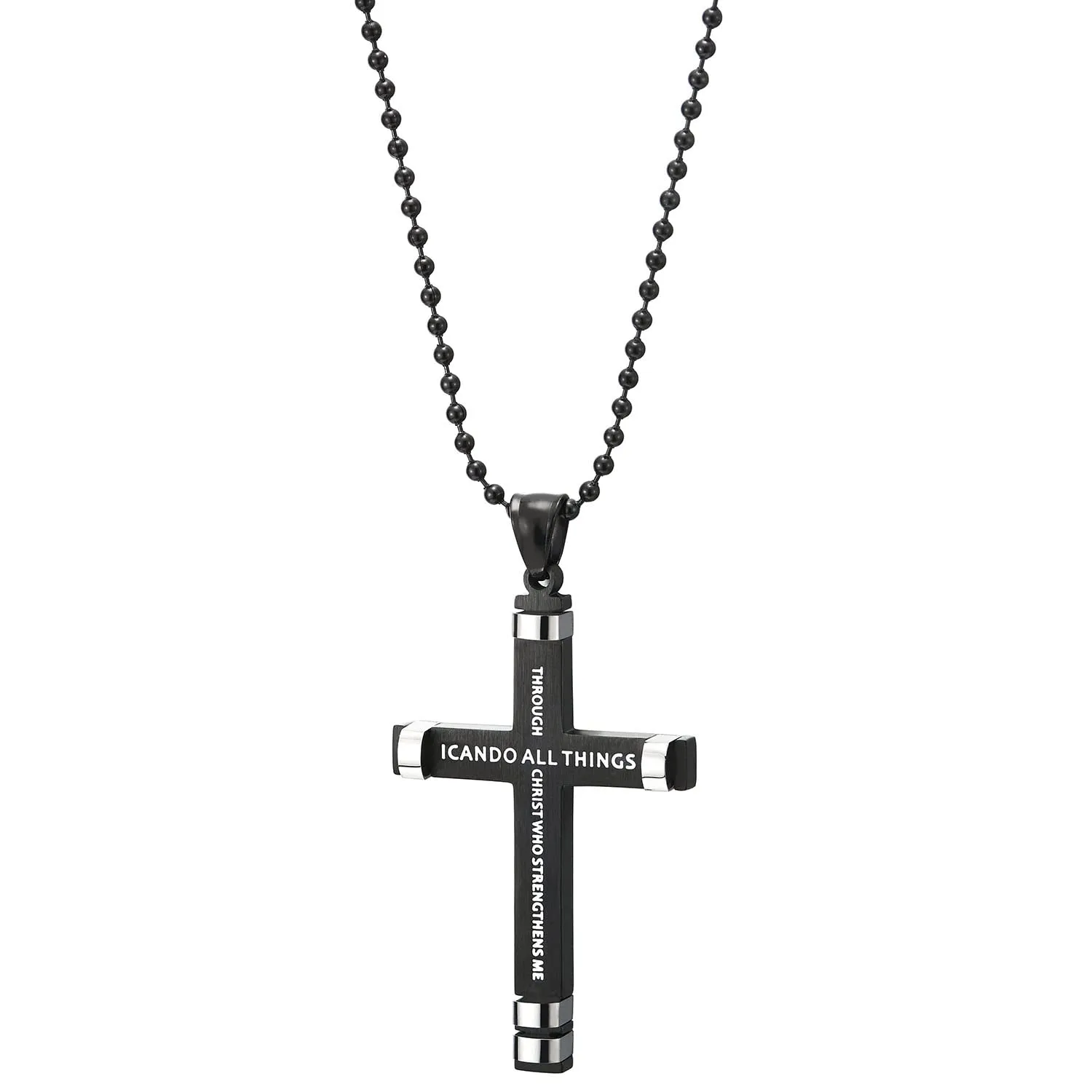 Mens Women Silver Black Steel Philippians 4:13 Bible Verse Cross Pendant Necklace with White Enamel