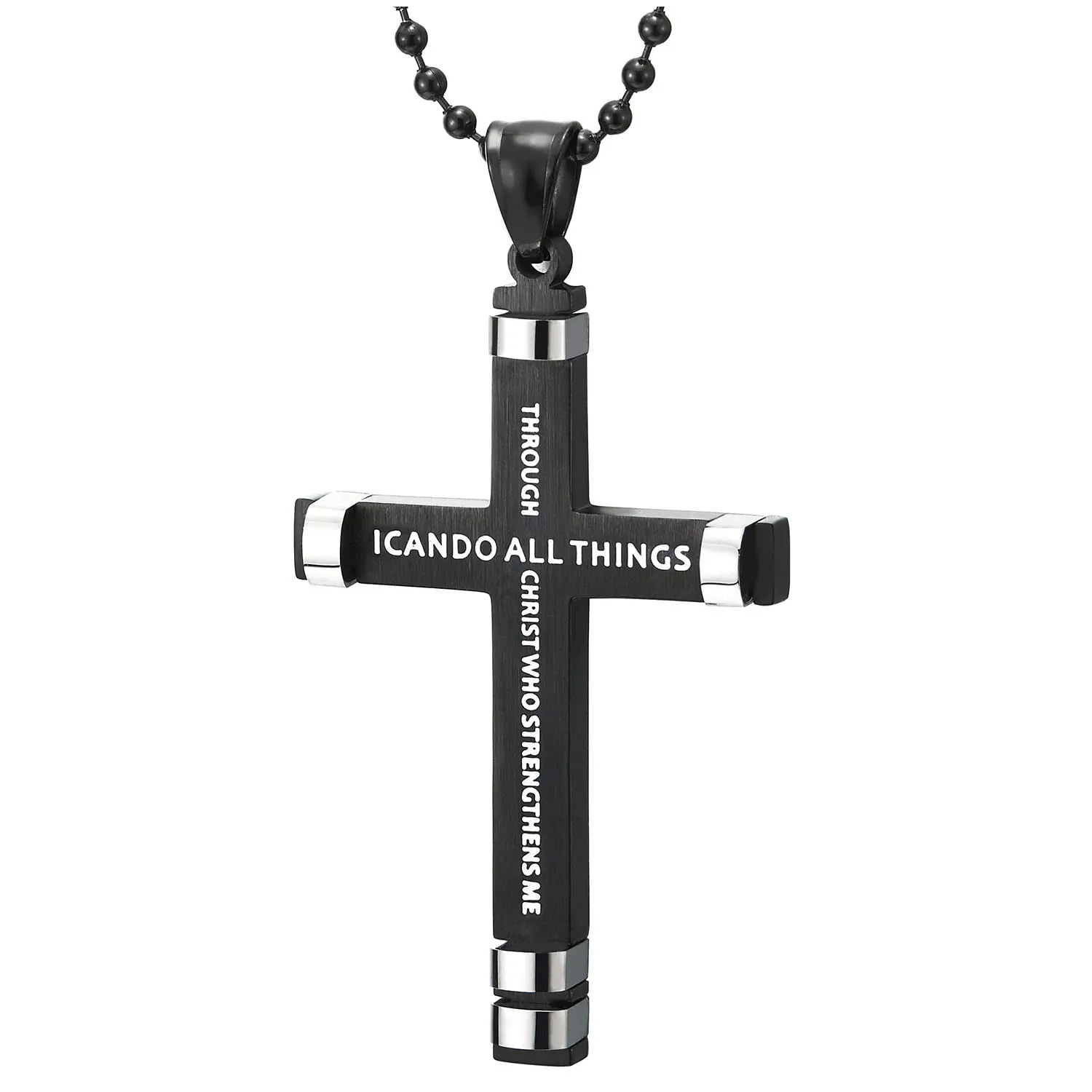 Mens Women Silver Black Steel Philippians 4:13 Bible Verse Cross Pendant Necklace with White Enamel