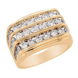 MEN'S YELLOW GOLD FASHION RING WITH 3 ROWS OF CHANNEL SET DIAMONDS, 3.00 CT TW