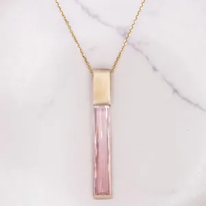 NATURAL PINK OMBRE TOURMALINE BAR NECKLACE 14k YELLOW GOLD PENDANT DROP DANGLE