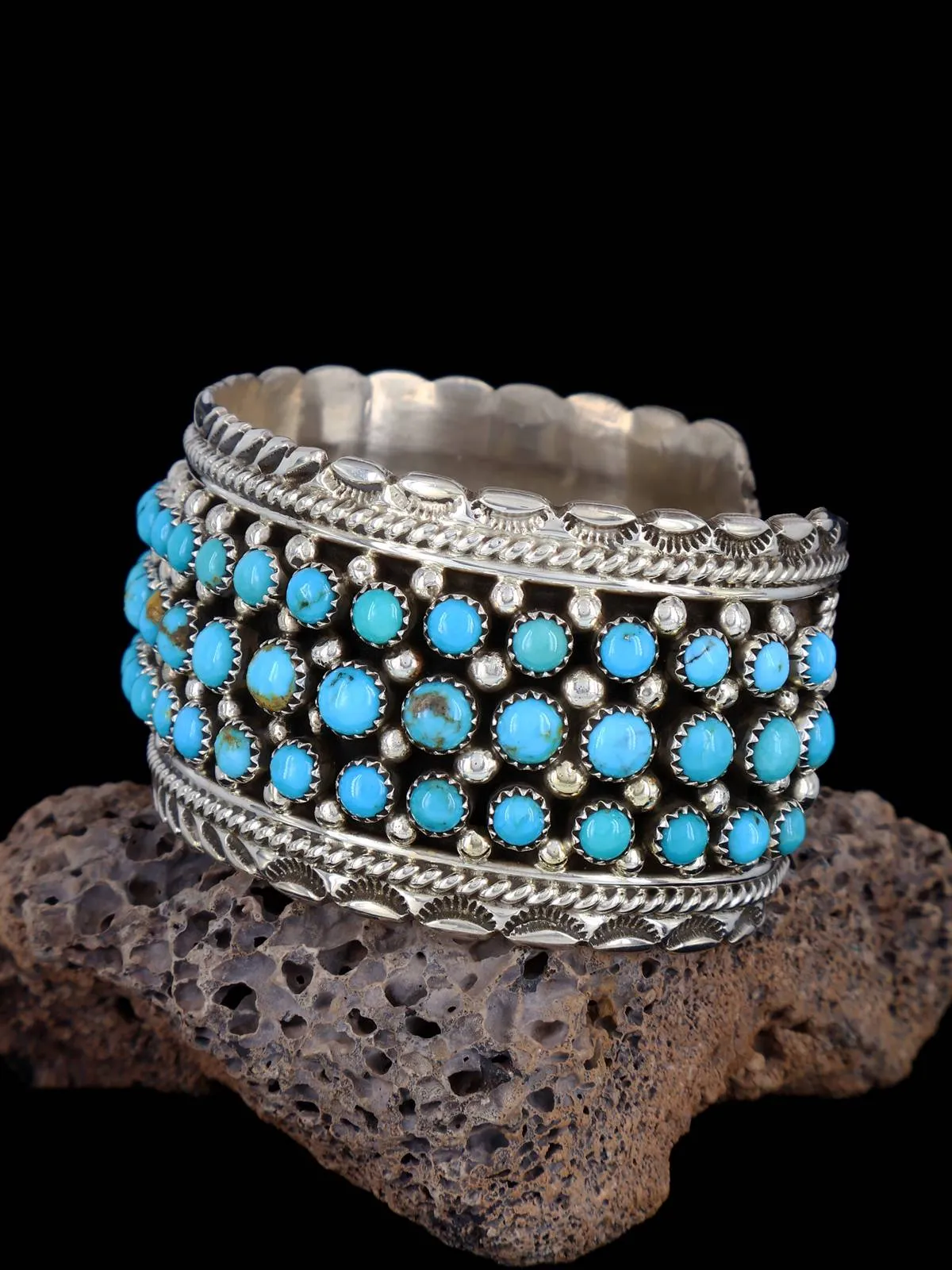 Navajo Turquoise Row Sterling Silver Cuff Bracelet