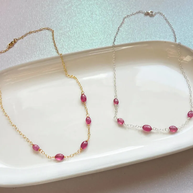 Pink Sapphire Oval Necklace in Gold or Silver (18 inches)