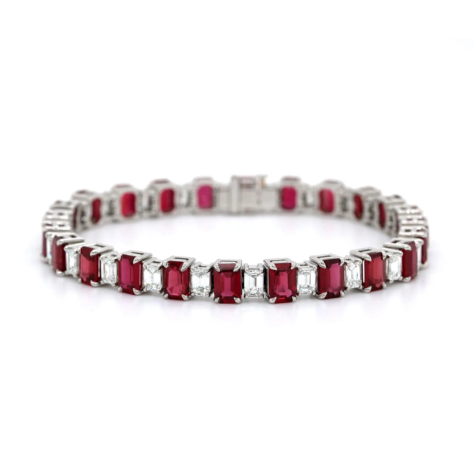 Platinum Emerald Cut Ruby and Diamond Line Bracelet