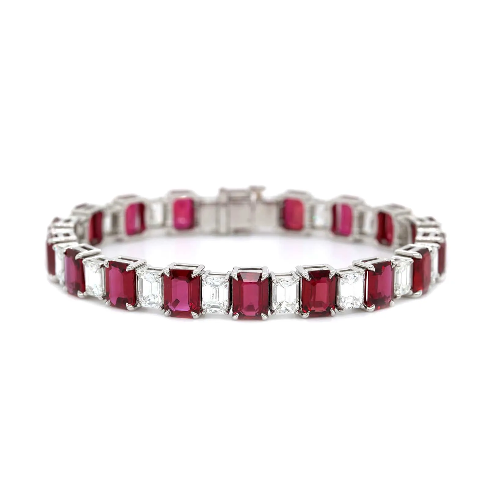 Platinum Emerald Cut Ruby and Diamond Line Bracelet