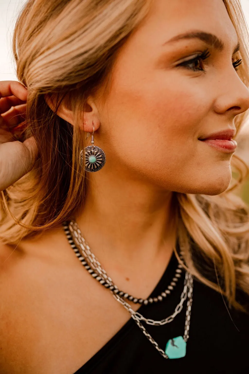 Round Concho Silver Turquoise Earrings