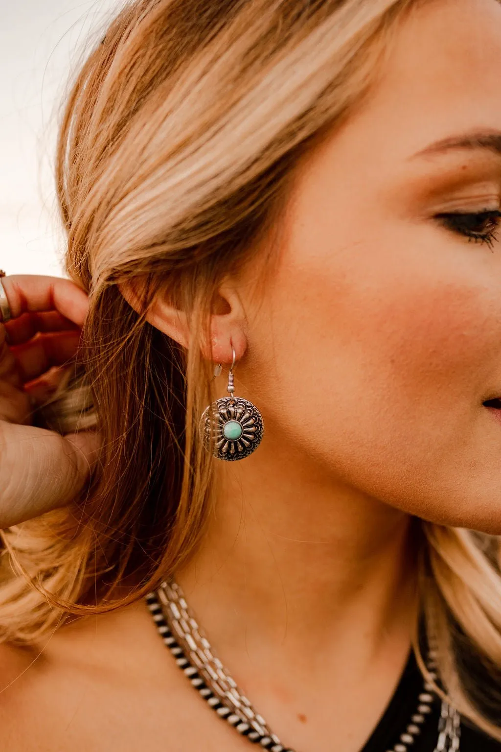 Round Concho Silver Turquoise Earrings