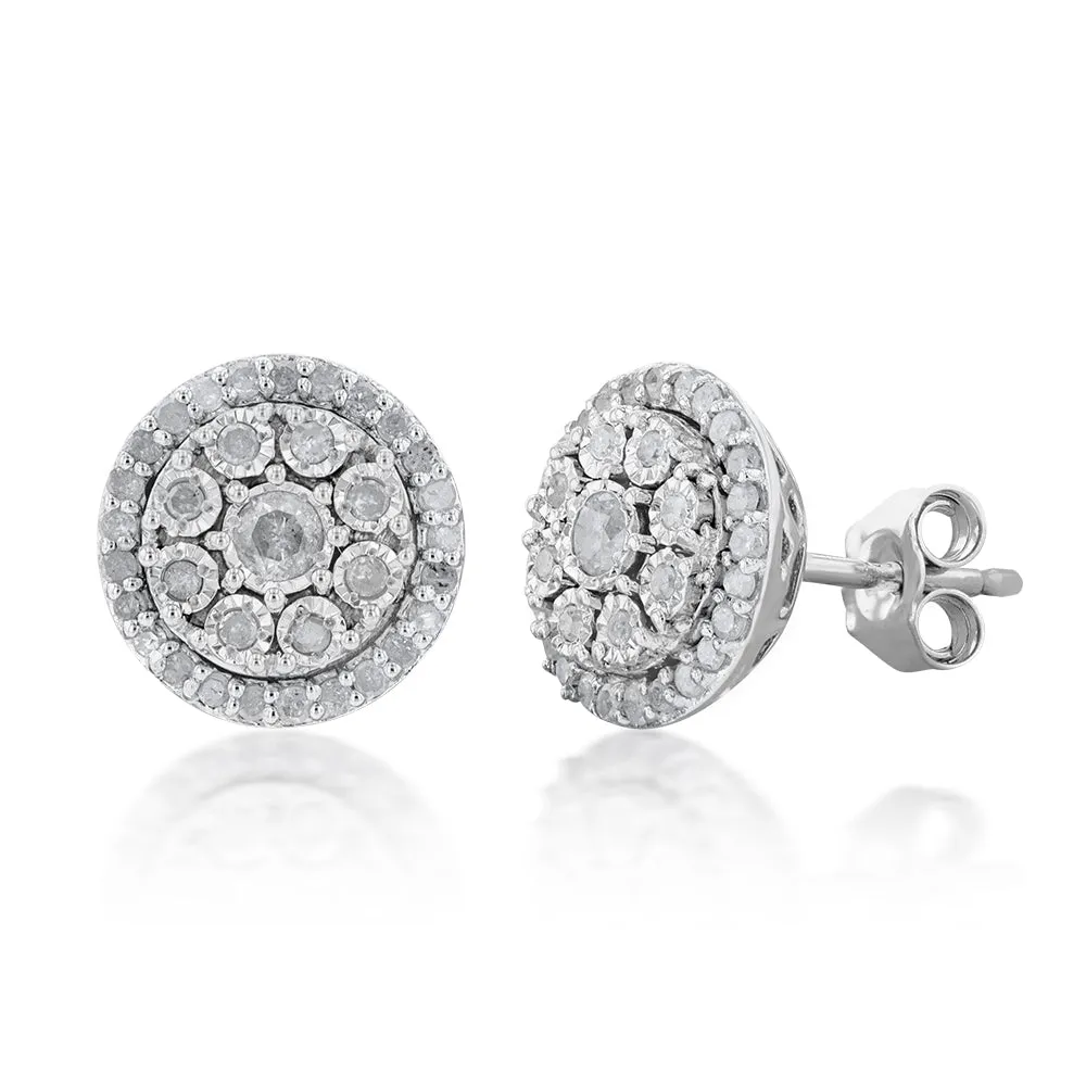 Silver 1/2 Carat Stud Diamond Earrings with 68 Brilliant Diamonds