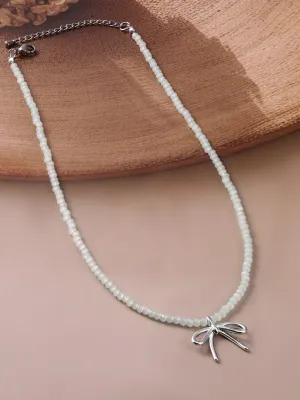 Silver Bow Pendant with White Bead Necklace