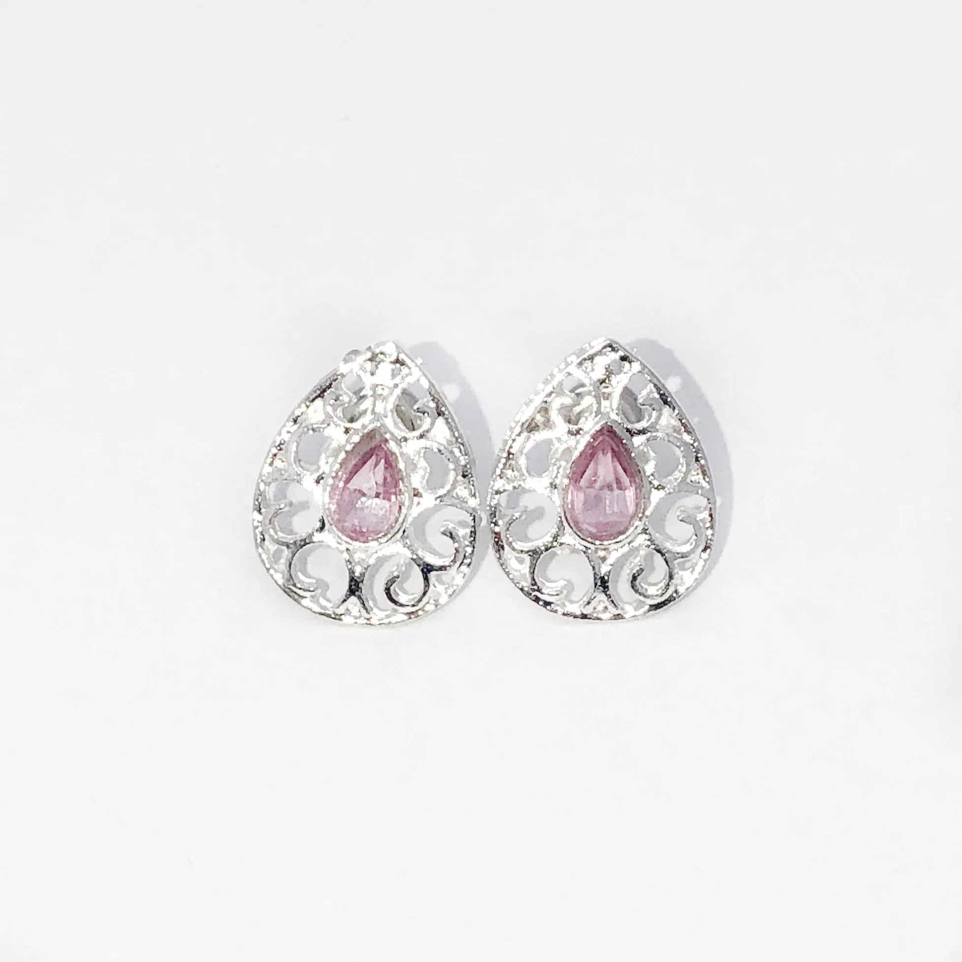 Silver Spring Pink Pear Crystal Stud Earrings