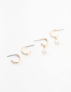 Simple Pearl Rose Gold Huggie Earrings 2-Pack