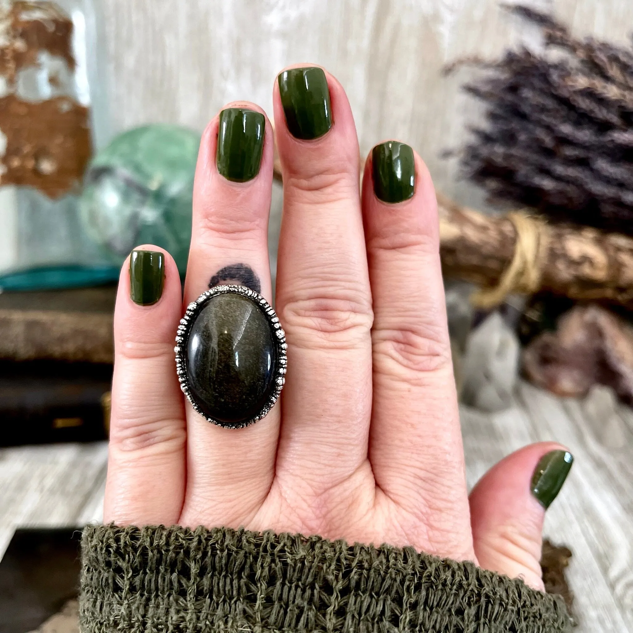 Size 6.5 Golden Sheen Obsidian Statement Ring in Fine Silver /  Foxlark Collection - One of a Kind