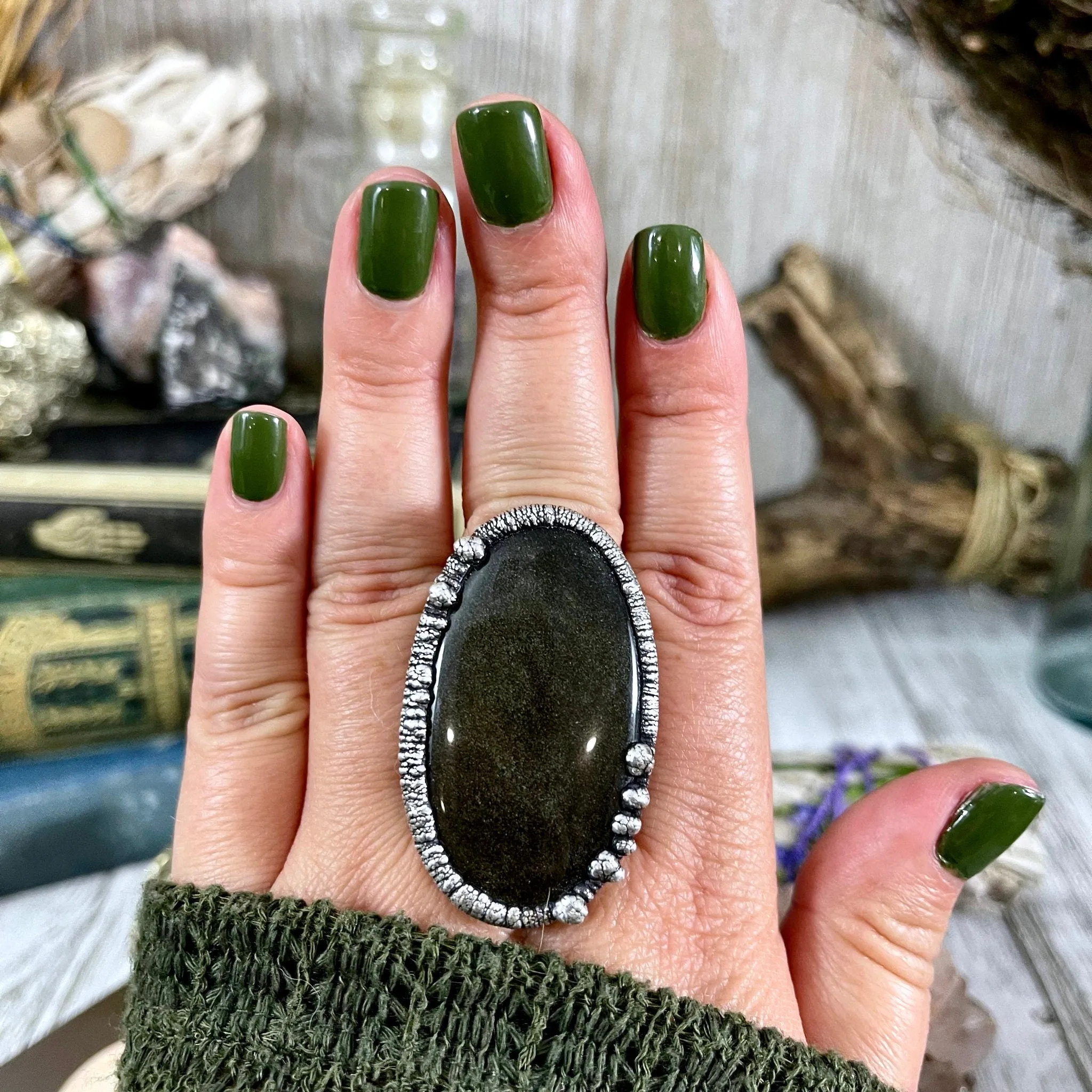 Size 9 Golden Sheen Obsidian Statement Ring in Fine Silver /  Foxlark Collection - One of a Kind