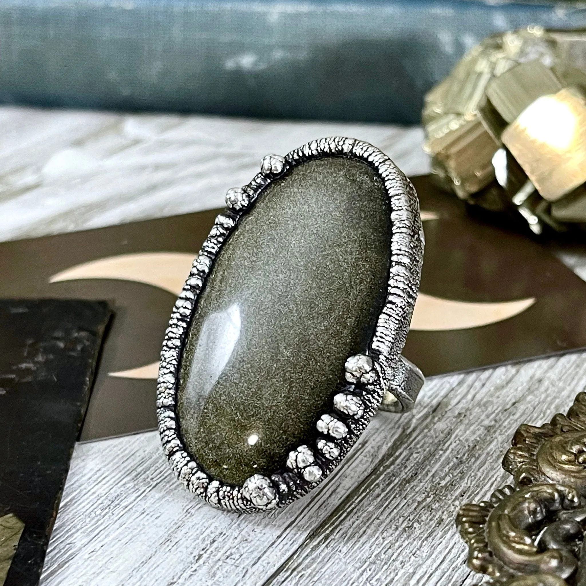 Size 9 Golden Sheen Obsidian Statement Ring in Fine Silver /  Foxlark Collection - One of a Kind