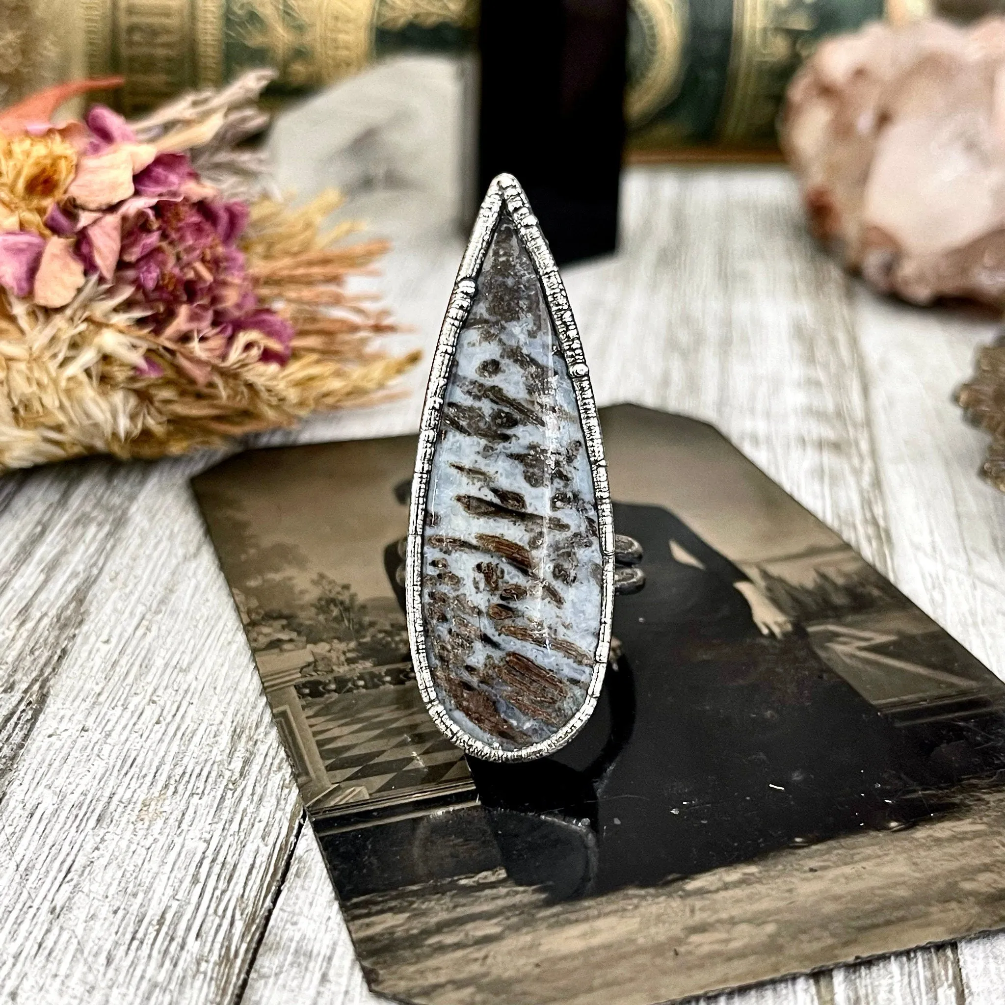 Size 9 Large Blue Fossilized Palm Root Statement Ring in Fine Silver / Foxlark Collection - One of a Kind