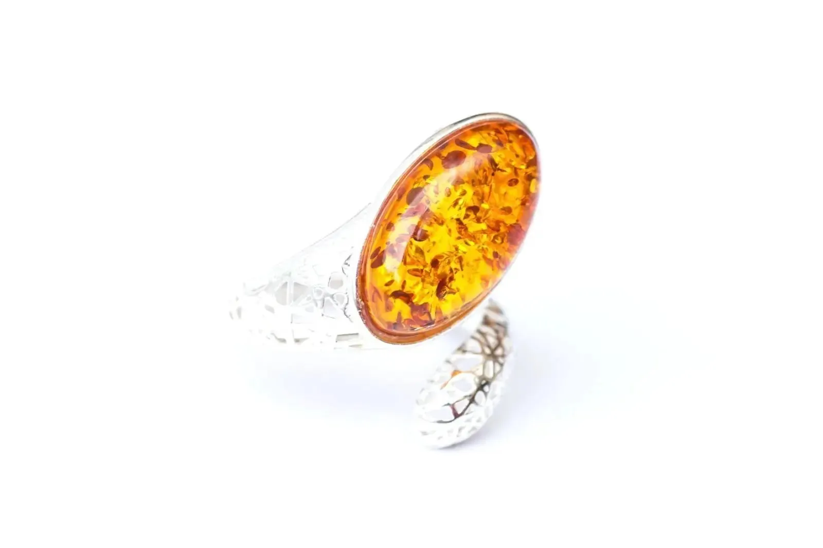 Statement Amber Snake Ring - Bold Adjustable Sterling Silver Ring with Oval Amber Stone