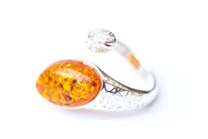 Statement Amber Snake Ring - Bold Adjustable Sterling Silver Ring with Oval Amber Stone