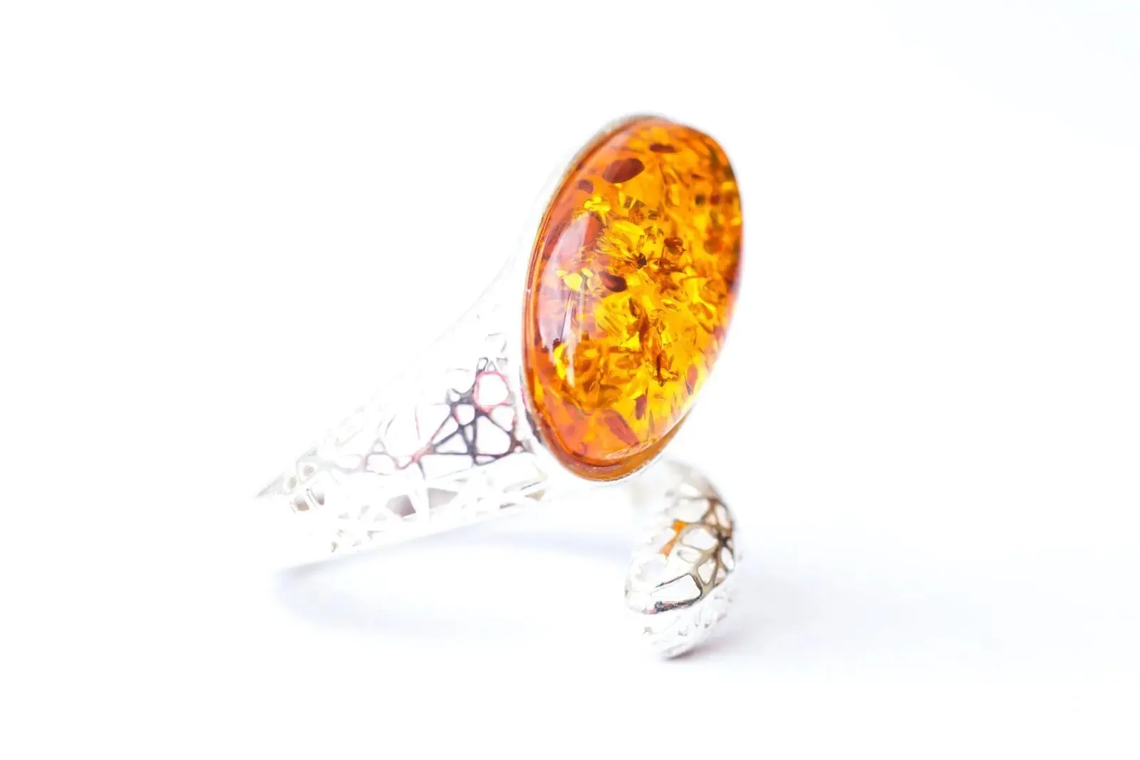 Statement Amber Snake Ring - Bold Adjustable Sterling Silver Ring with Oval Amber Stone