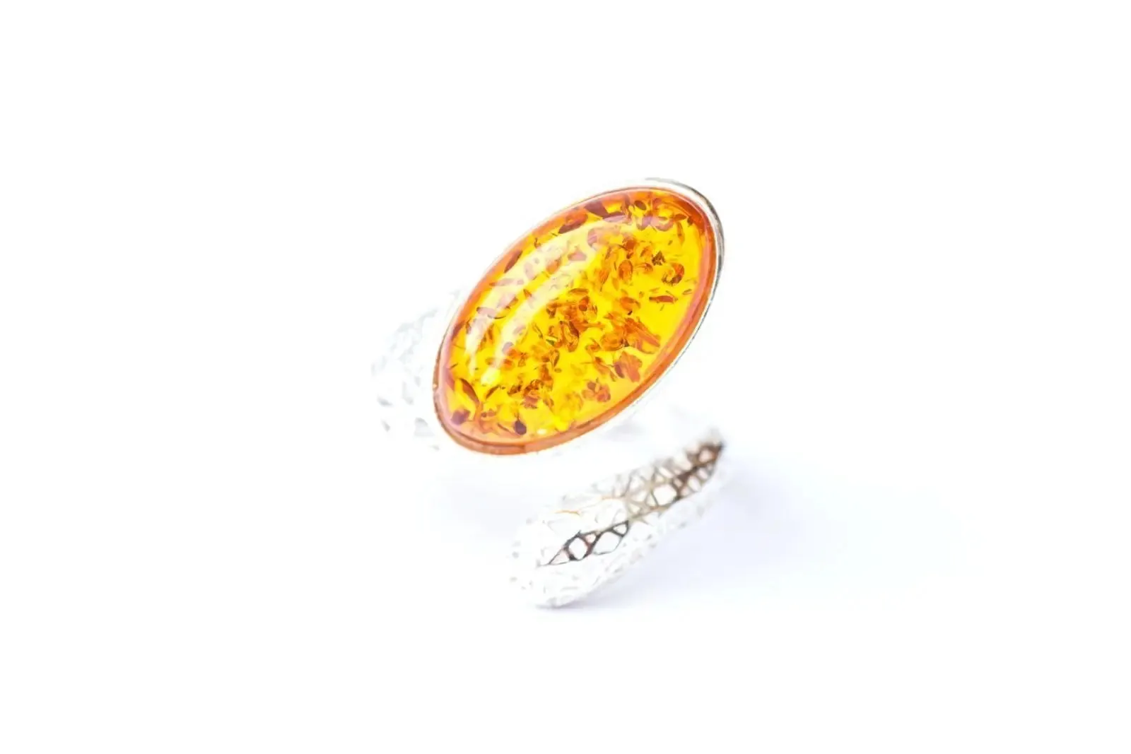 Statement Amber Snake Ring - Bold Adjustable Sterling Silver Ring with Oval Amber Stone