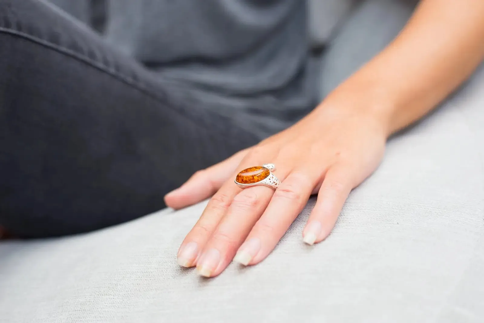 Statement Amber Snake Ring - Bold Adjustable Sterling Silver Ring with Oval Amber Stone