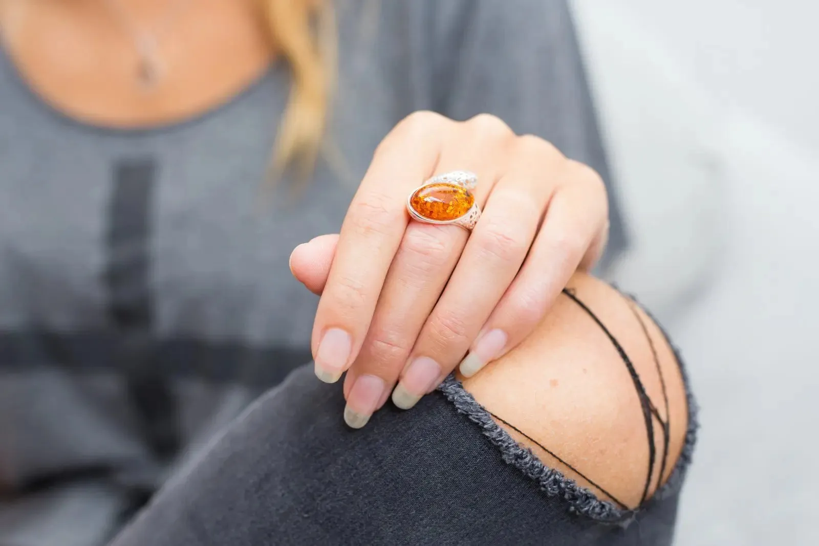 Statement Amber Snake Ring - Bold Adjustable Sterling Silver Ring with Oval Amber Stone