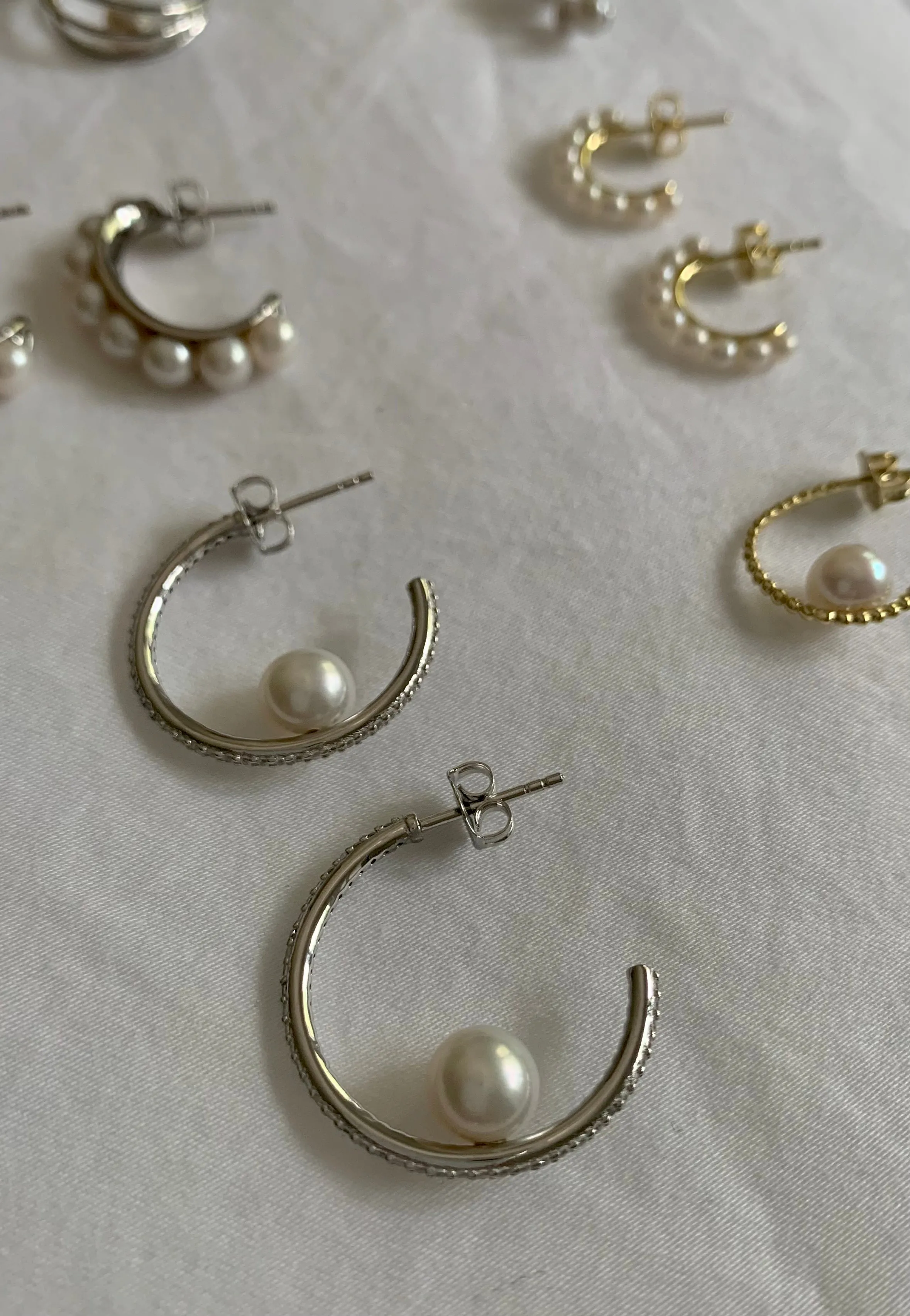 Stella large pave hoop earrings with cultured freshwater pearls