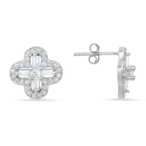 Sterling Silver Baguette-cut Clover CZ Stud Earrings