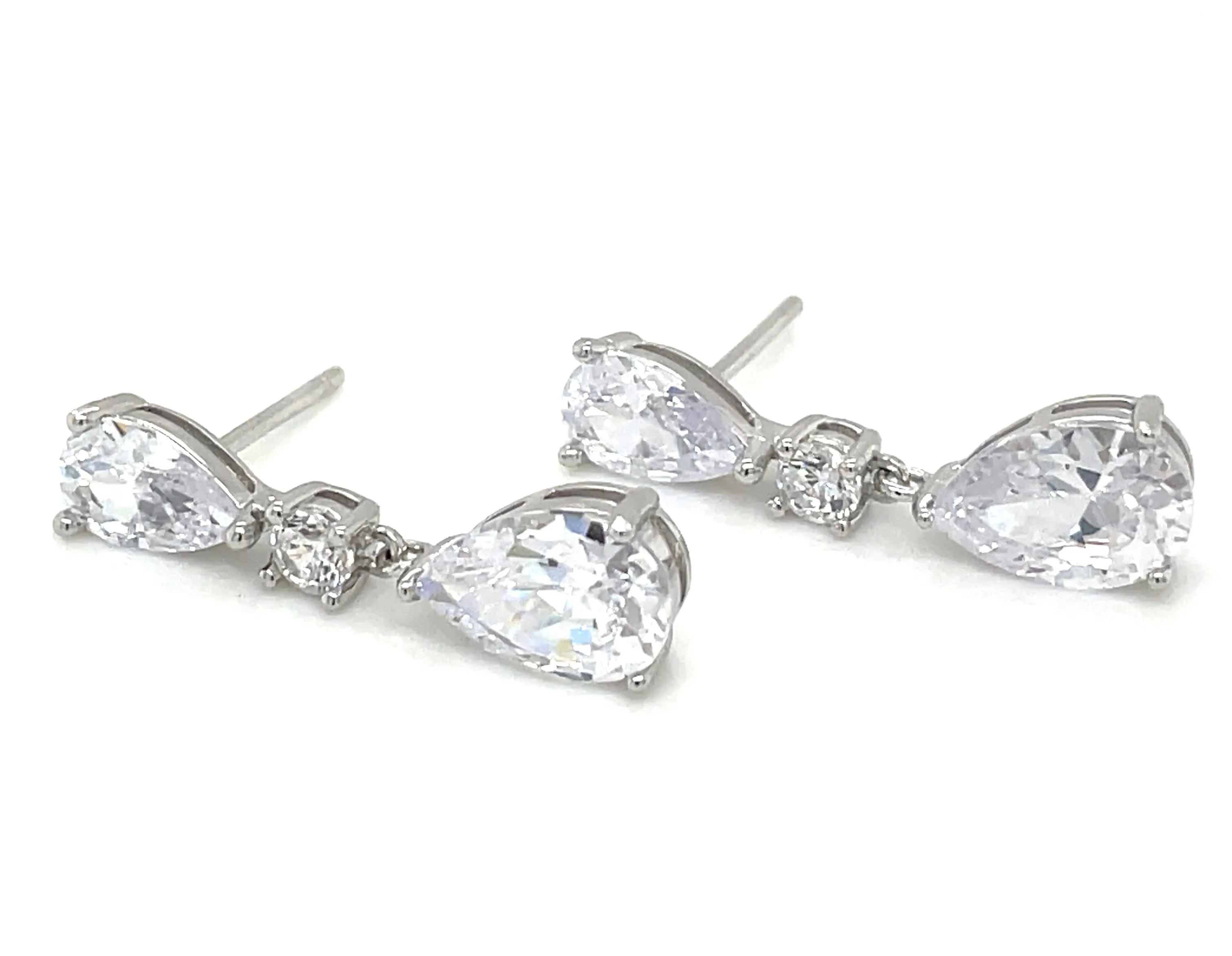 Sterling Silver Pear And Round Cz Drop Earrings