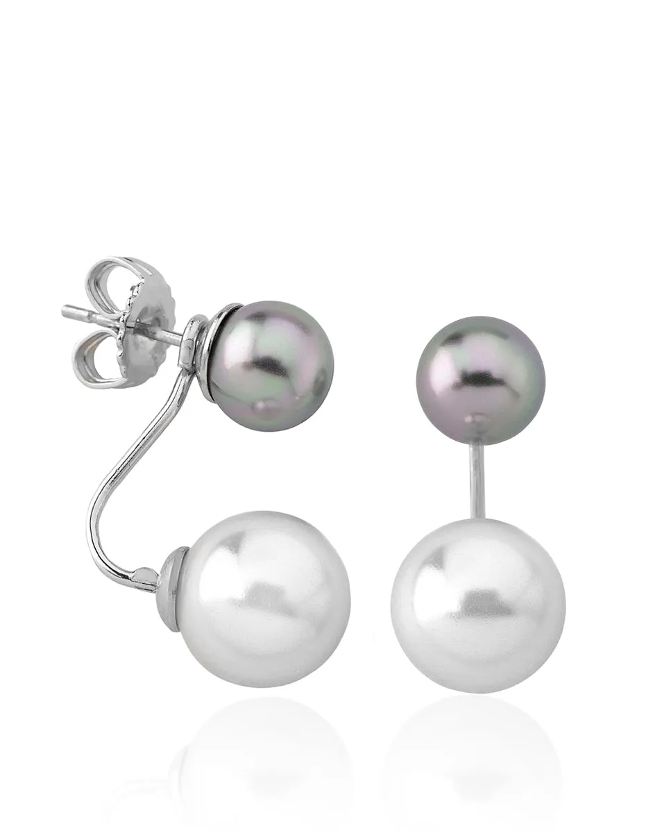 Sterling Silver Rhodium Plated Short Earrings for Women with Post Clasp and Organic Pearl, 8/10mm Round White and Grey Pearl, Jour Collection