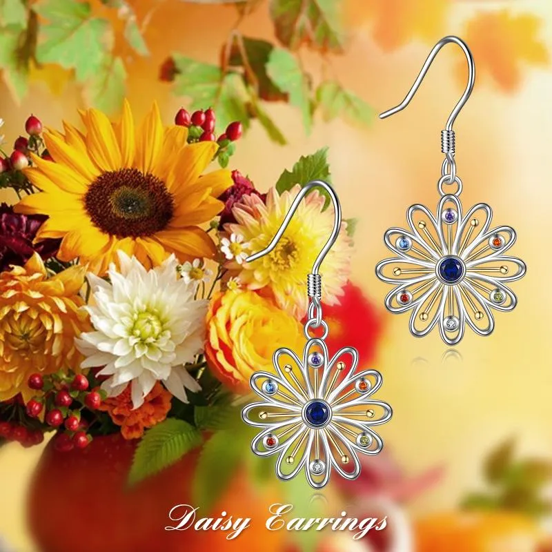 Sterling Silver Simple Daisy Flower Dangle Earrings for women or as a gift