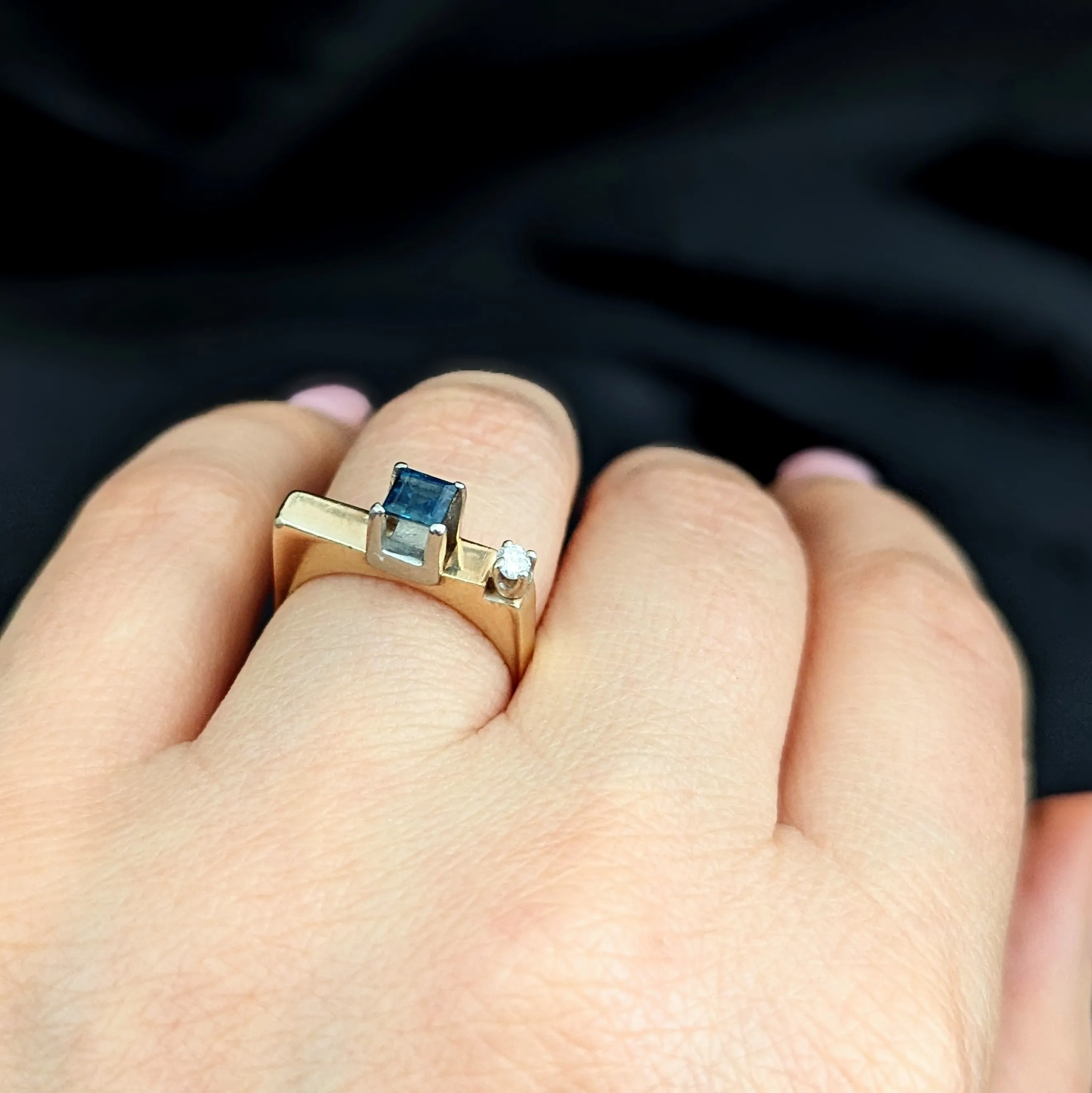 The Graham - 1970's Modernistic Sapphire Diamond 14k Gold Cocktail Ring