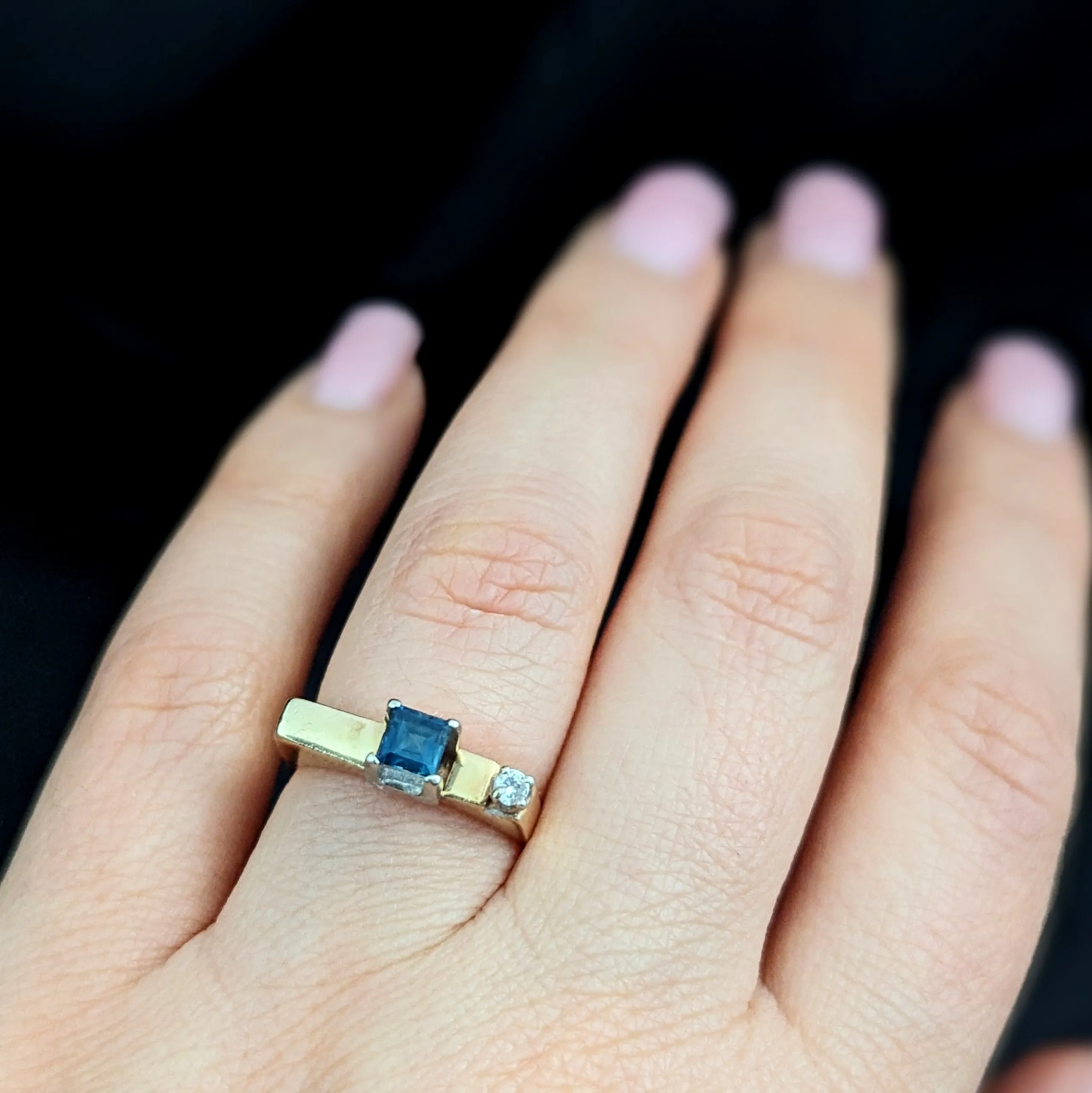 The Graham - 1970's Modernistic Sapphire Diamond 14k Gold Cocktail Ring