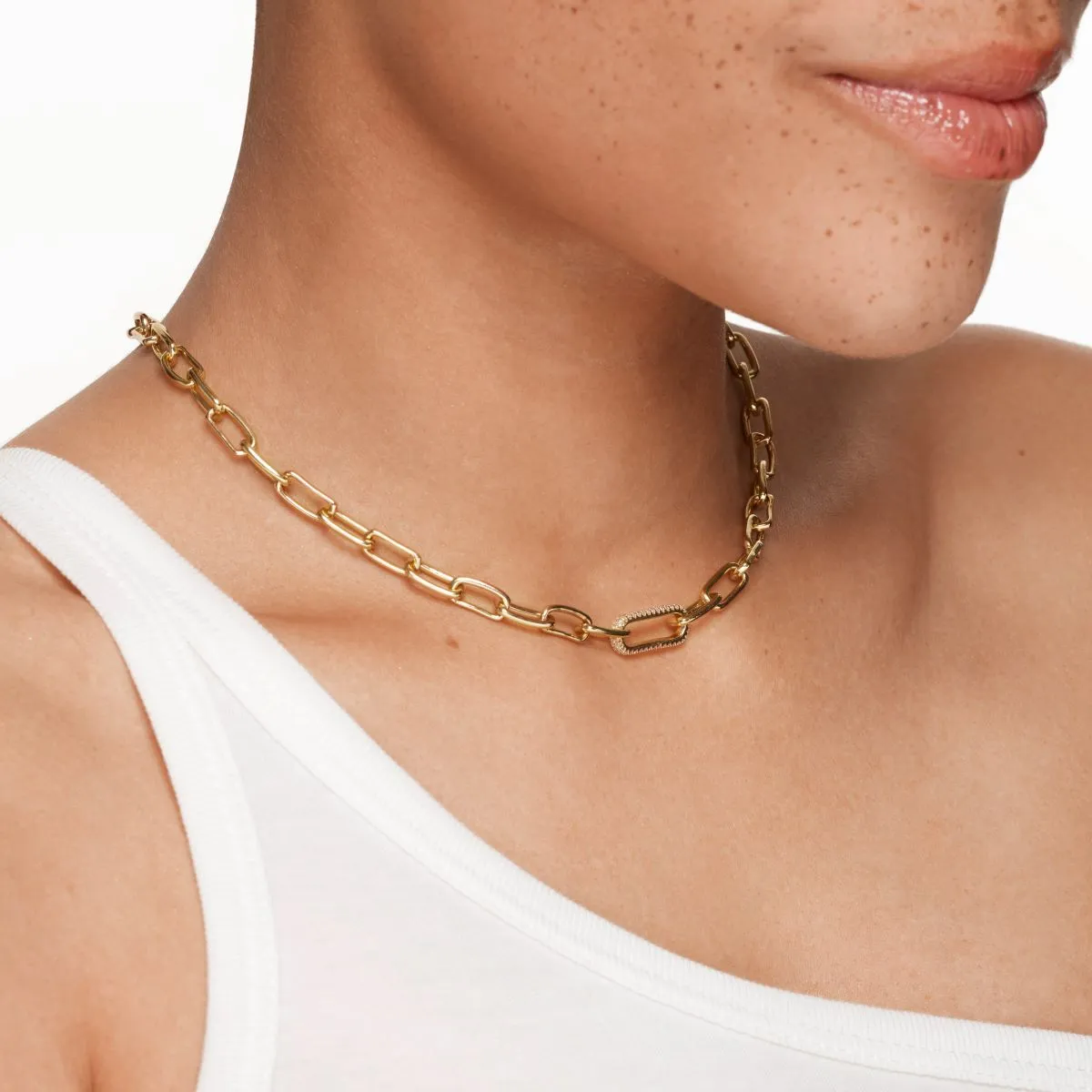 White Zircon Pave Link Paperclip Chain in Gold