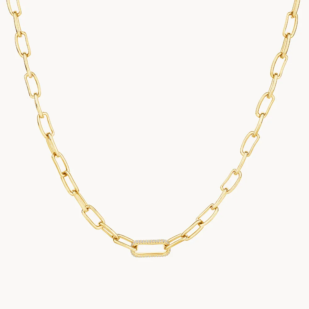 White Zircon Pave Link Paperclip Chain in Gold