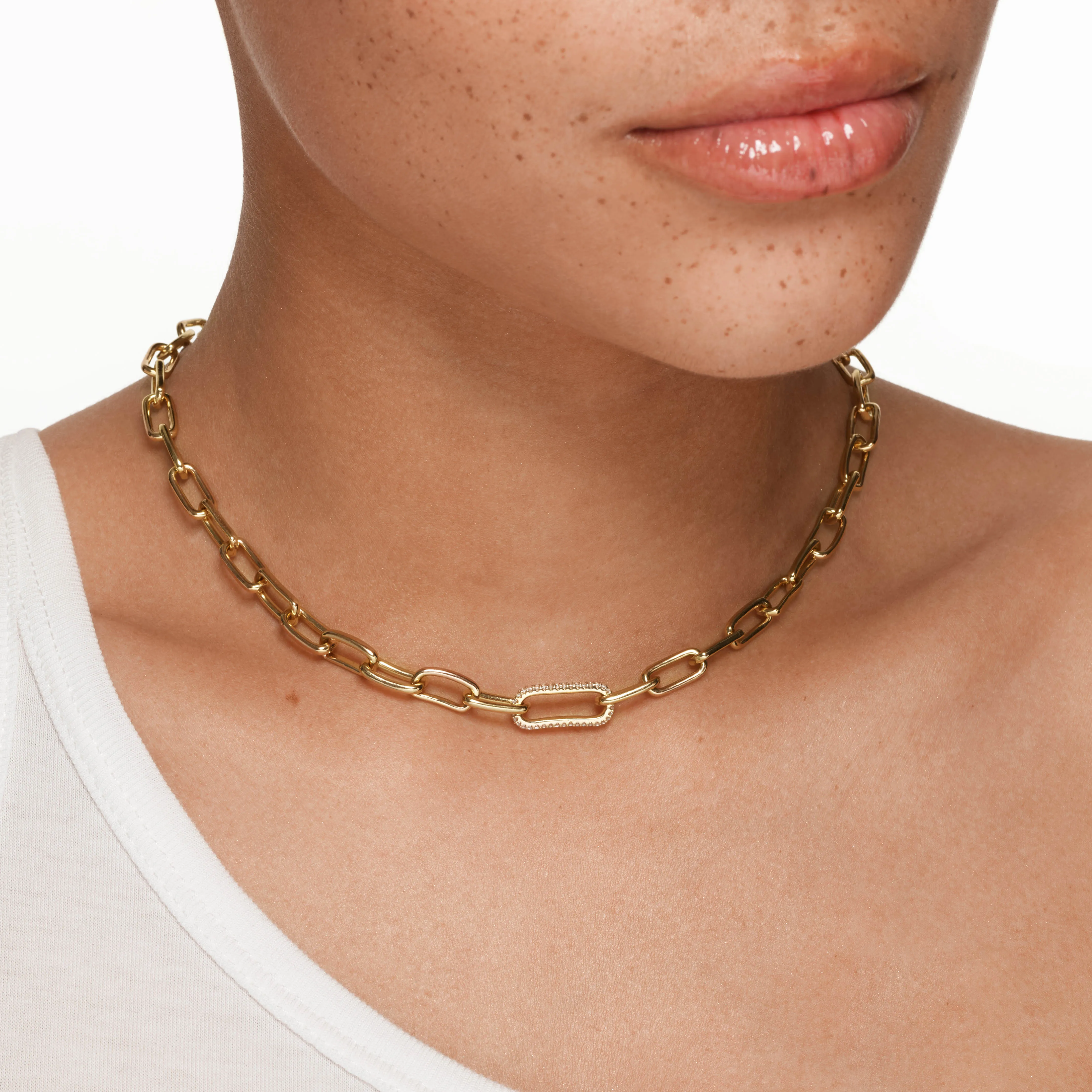 White Zircon Pave Link Paperclip Chain in Gold