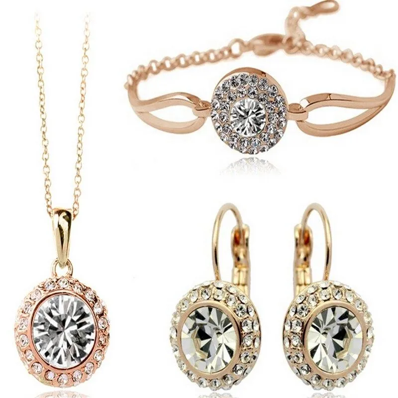 Women Gold Silver Necklace Earrings Bracelet Jewellery Set